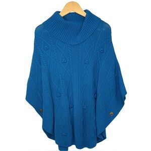 Talbots Wool Blend Cable Knit Teal Cowl Neck Poncho Cape XS